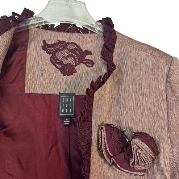 Due Per Due Womens Size 16 Ruffled Blazer With Rosette Accent Wine & Taupe - Picture 3 of 6